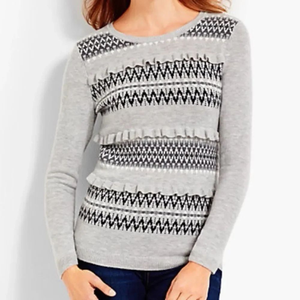 Talbots Grey Black White Fair Isle Ruffle Lambswool Blend Sweater XL Preppy Boho